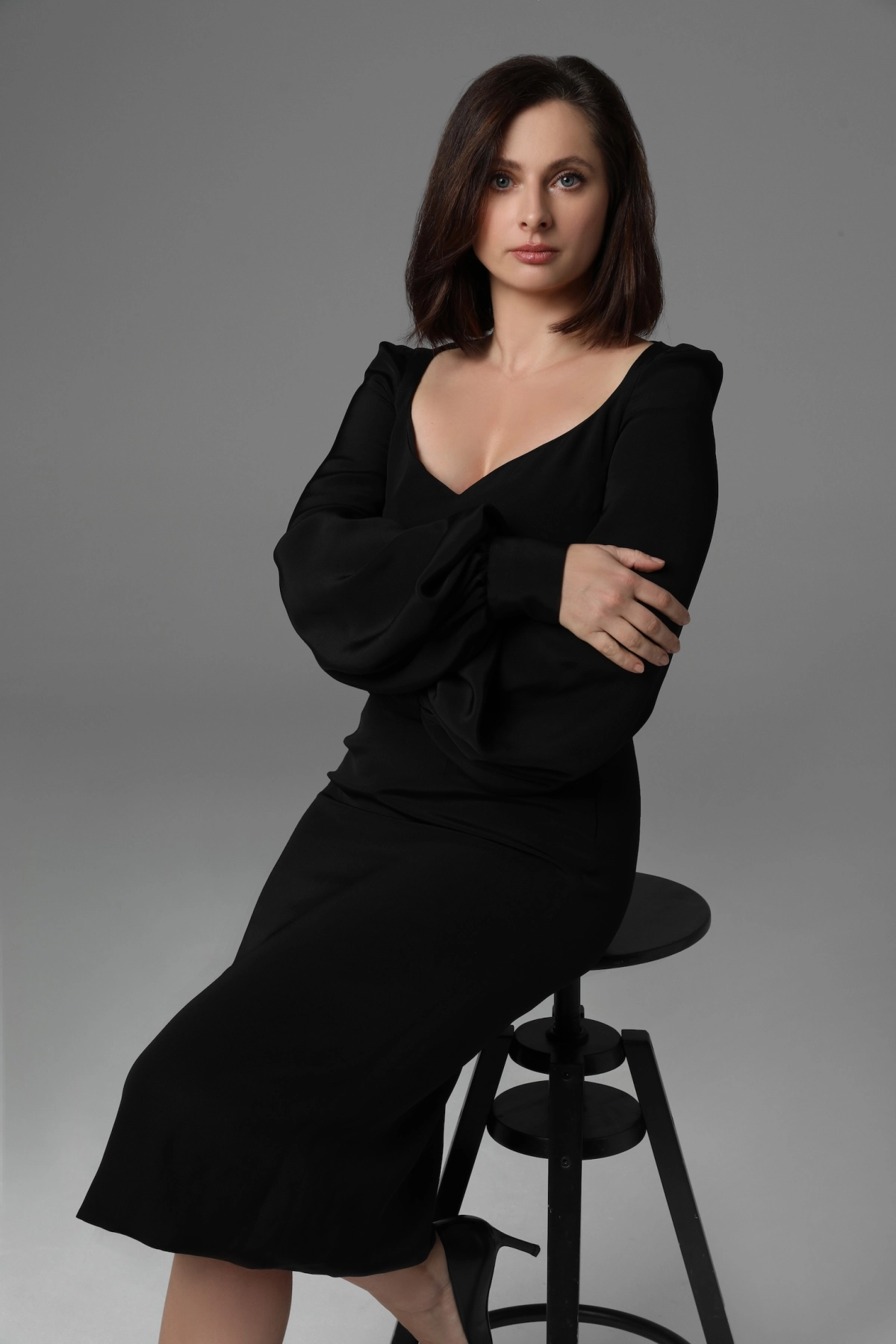 Black Silk Midi Dress with Flared Sleeves | Monika Adamska – Luxury Womenswear