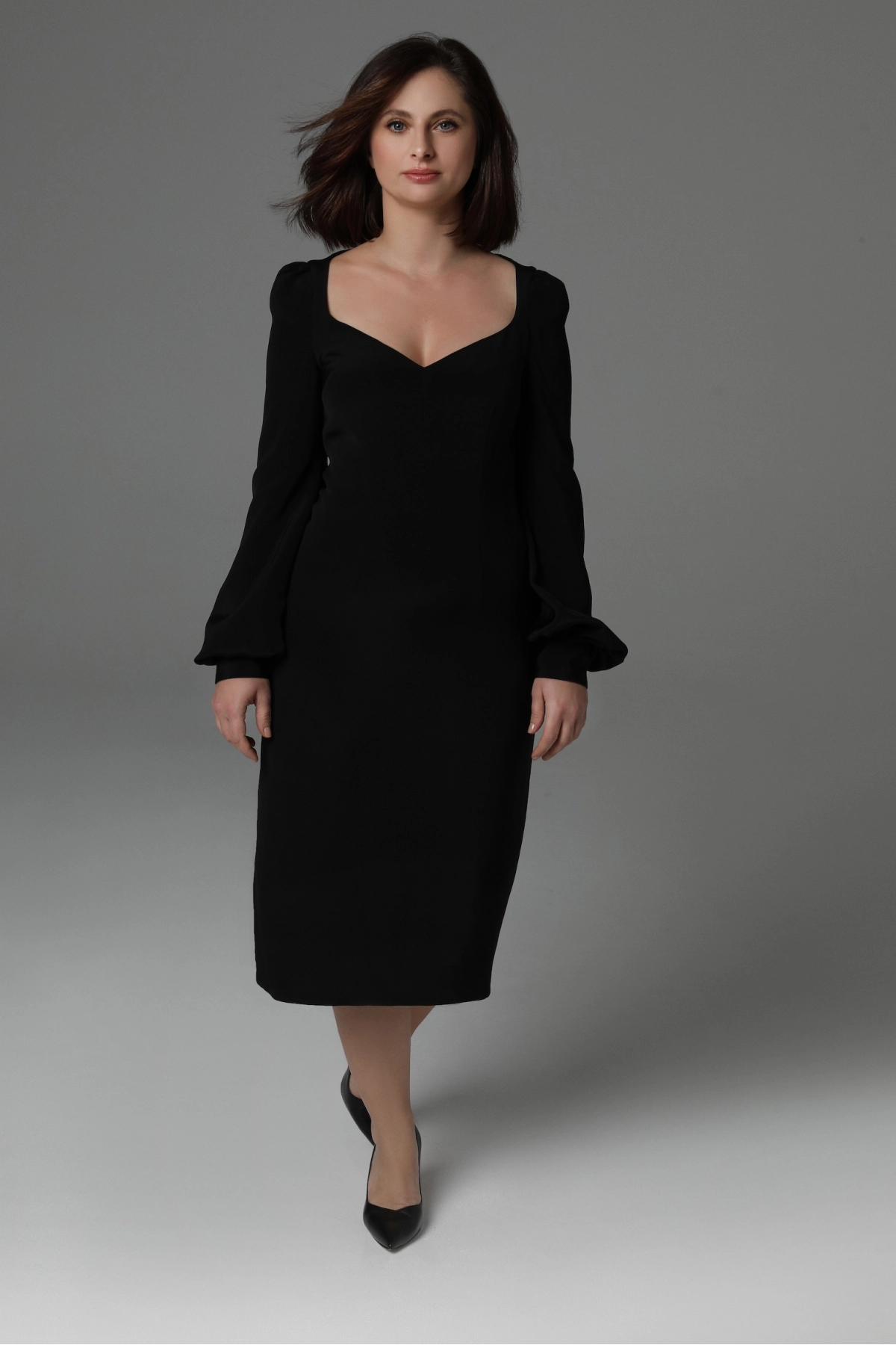 Black Silk Midi Dress with Flared Sleeves | Monika Adamska – Luxury Womenswear