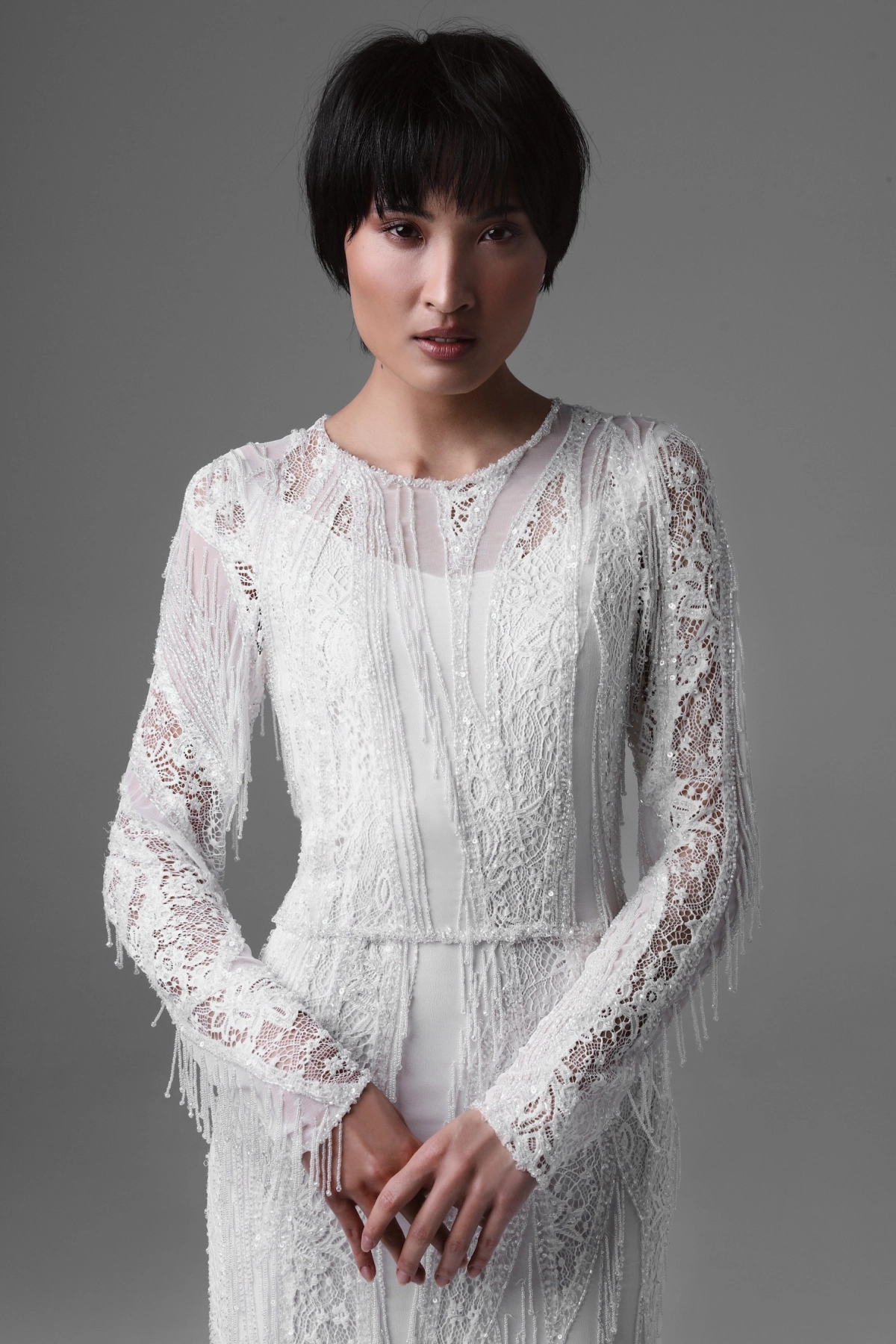 Lace and Silk Chiffon Wedding Gown with Hand-Applied Beads | Monika Adamska – Luxury Bridalwear