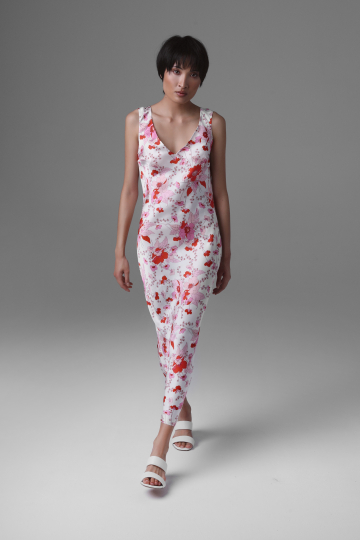 Silk Satin Bias-Cut Midi Dress with Floral Motif