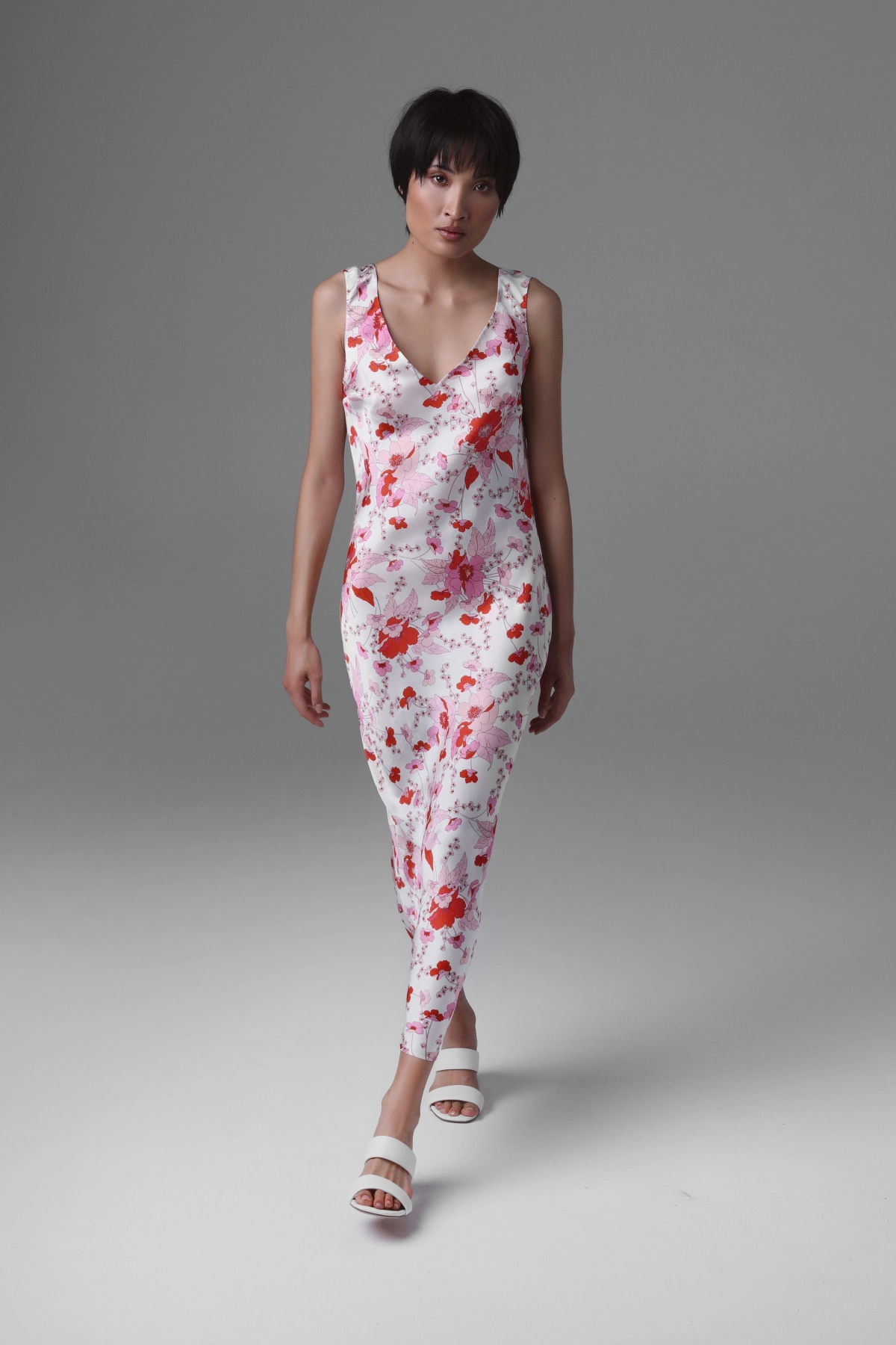 Silk Satin Bias-Cut Midi Dress with Floral Motif | Monika Adamska