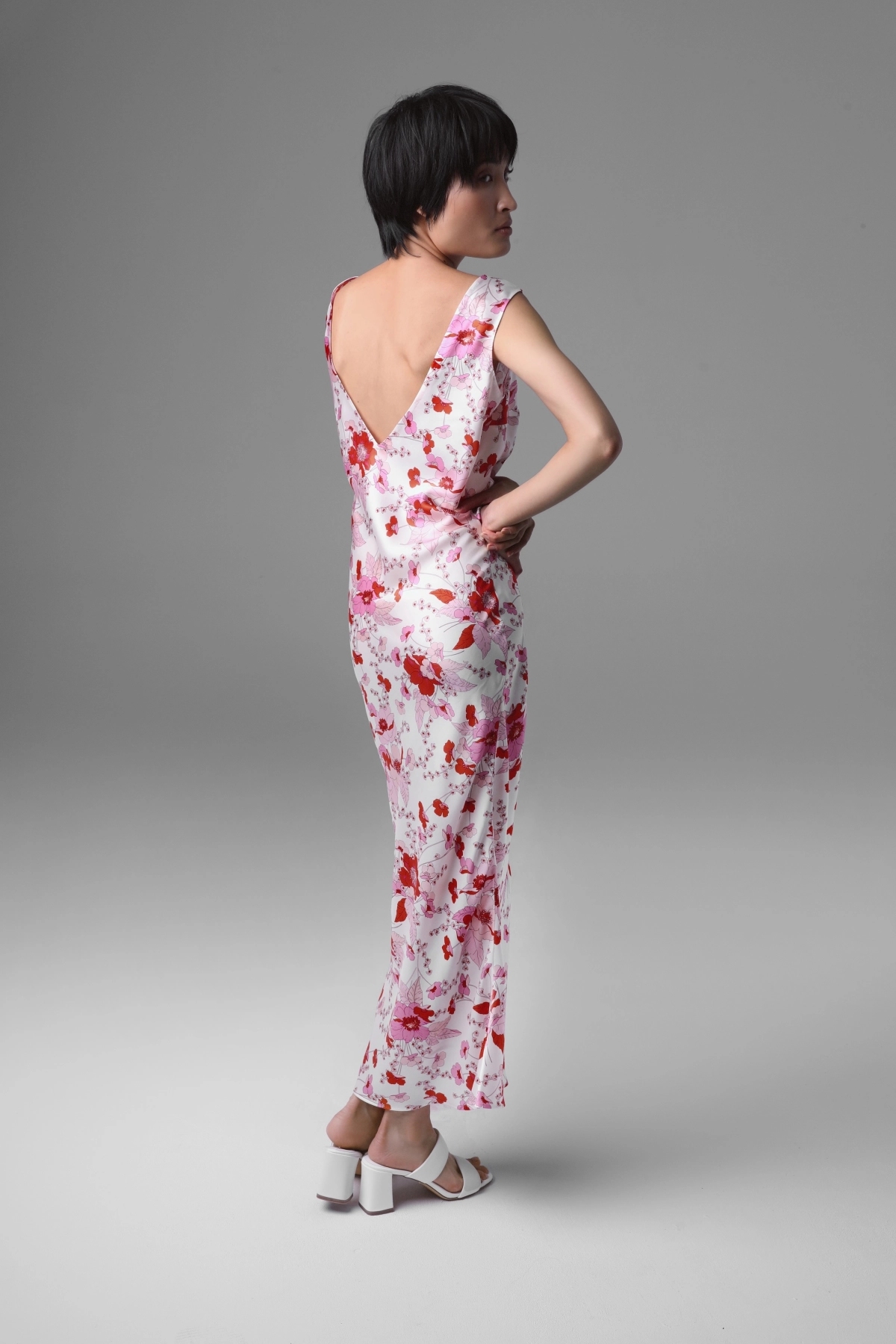 Silk Satin Bias-Cut Midi Dress with Floral Motif | Monika Adamska