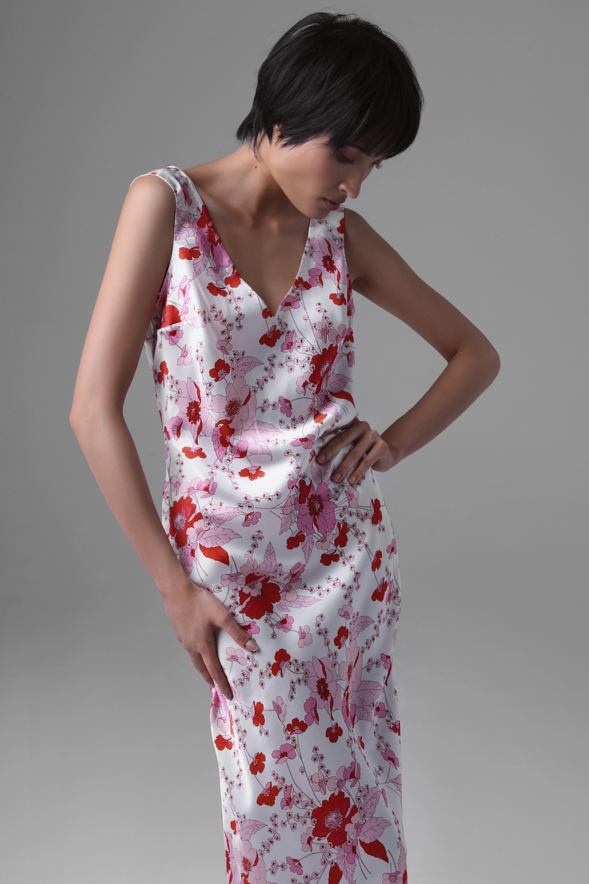 Silk Satin Bias-Cut Midi Dress with Floral Motif | Monika Adamska