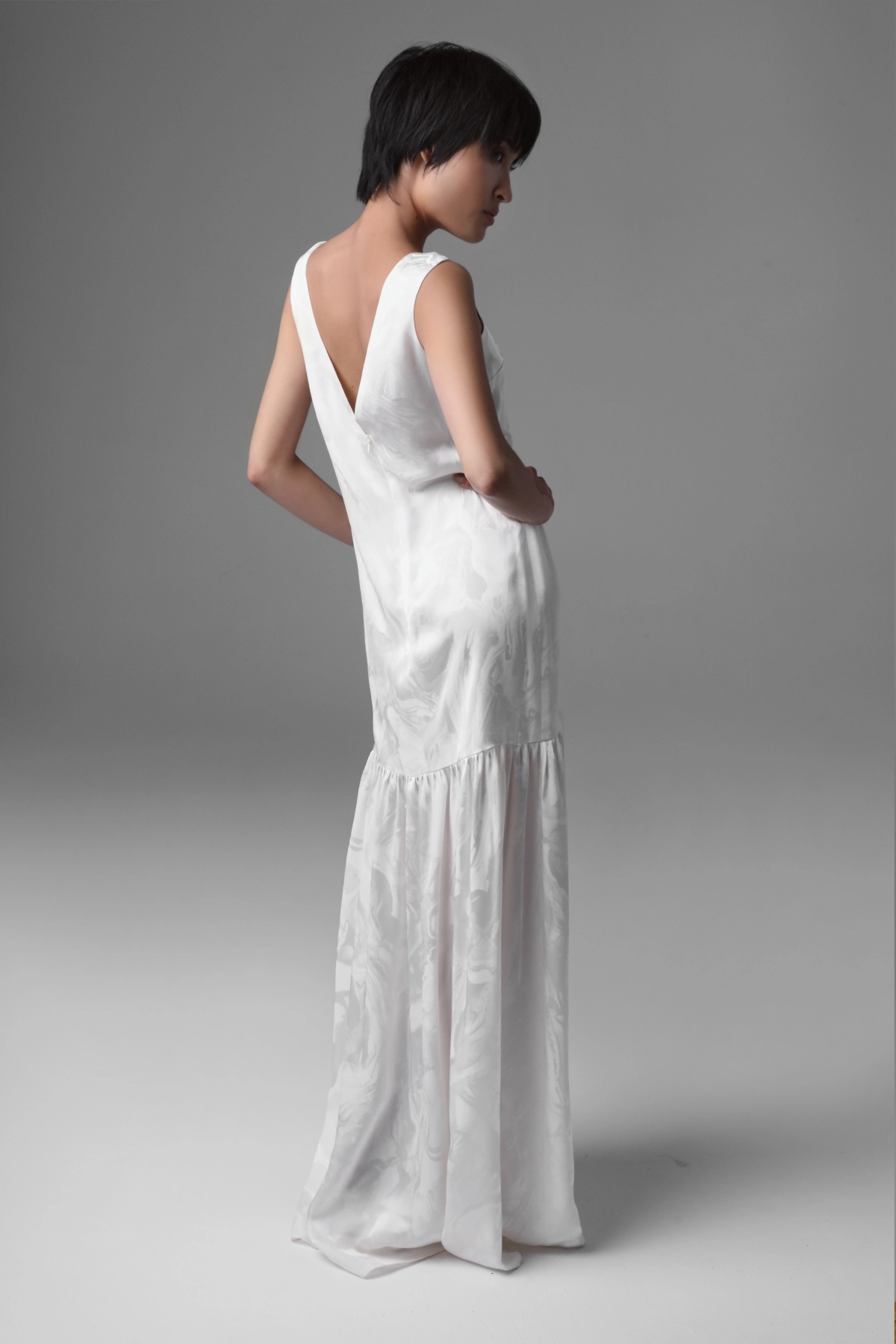 Romantic Long Viscose Jacquard Dress with Ruffle | Monika Adamska – Luxury Womenswear