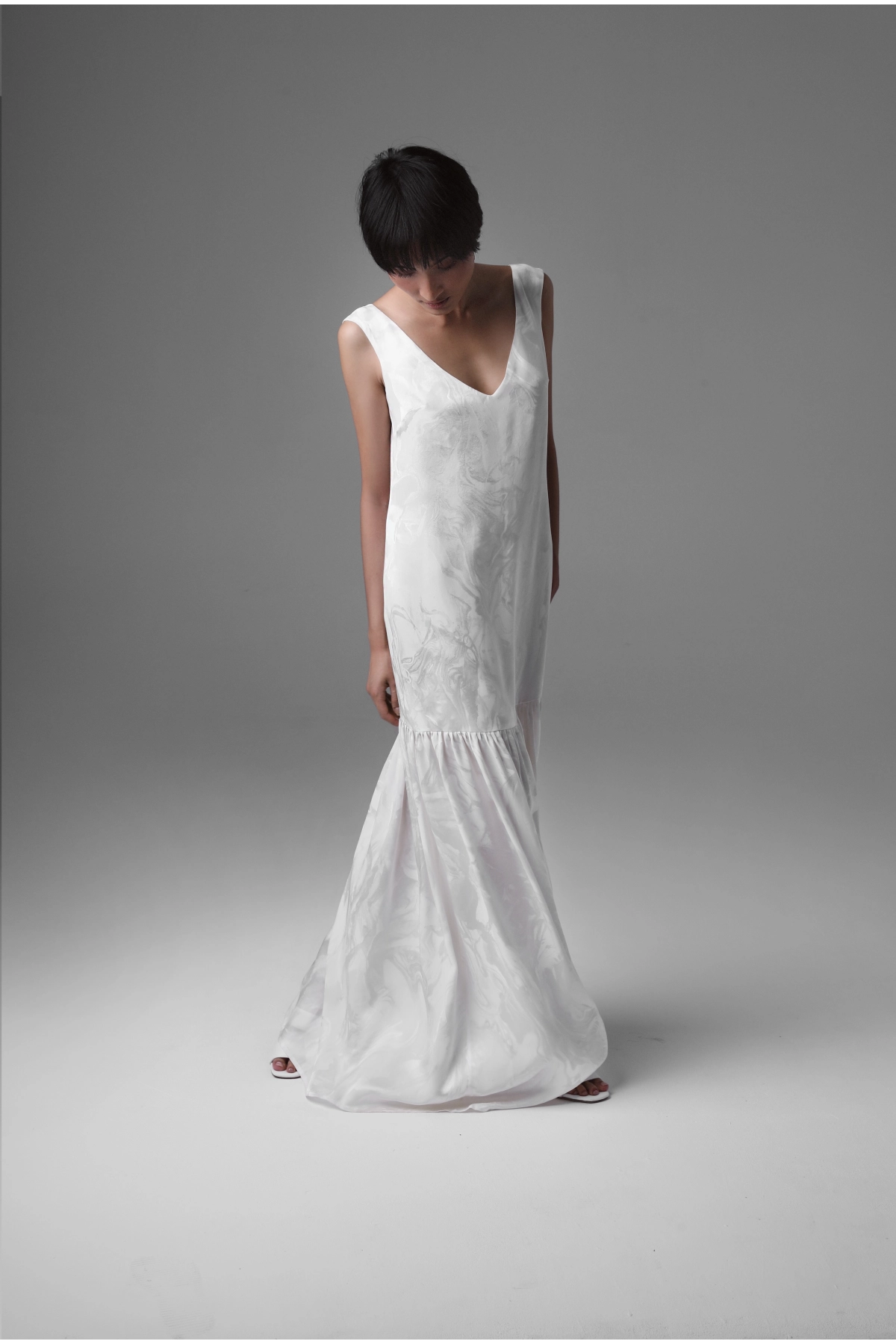 Romantic Long Viscose Jacquard Dress with Ruffle | Monika Adamska – Luxury Womenswear