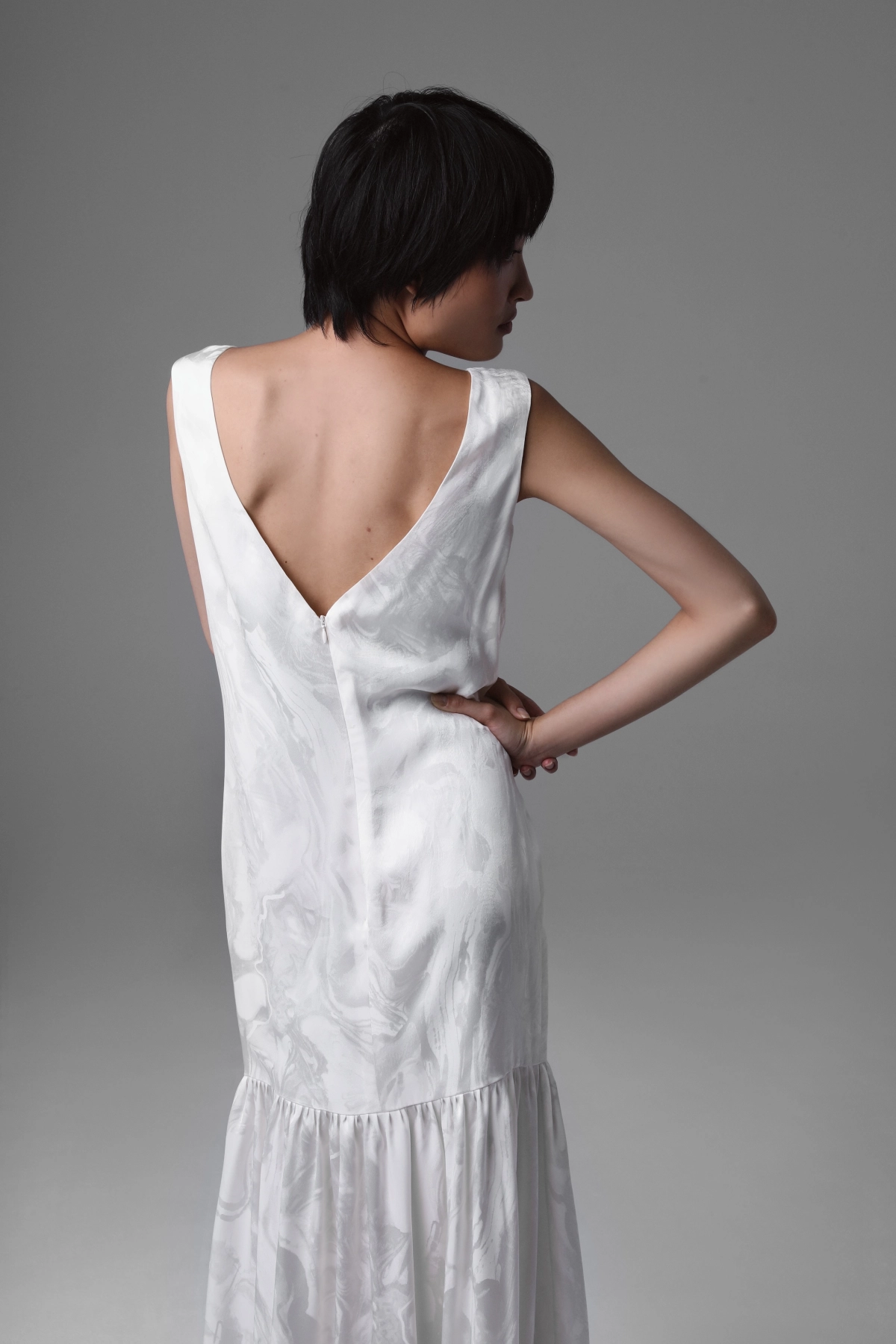 Romantic Long Viscose Jacquard Dress with Ruffle | Monika Adamska – Luxury Womenswear