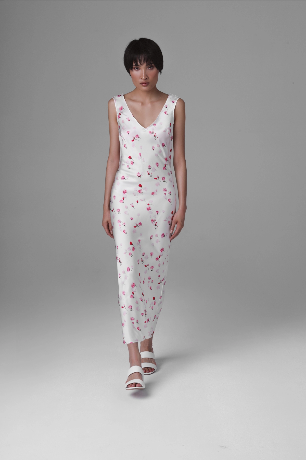 Silk Bias-Cut Midi Dress with Rose Motif | Monika Adamska – Luxury Womenswear