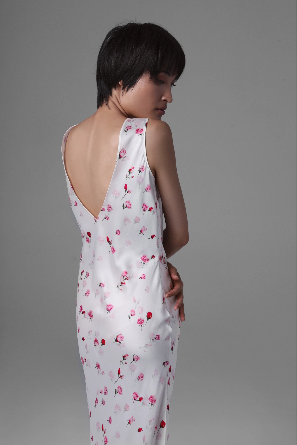 Silk Bias-Cut Midi Dress with Rose Motif | Monika Adamska – Luxury Womenswear