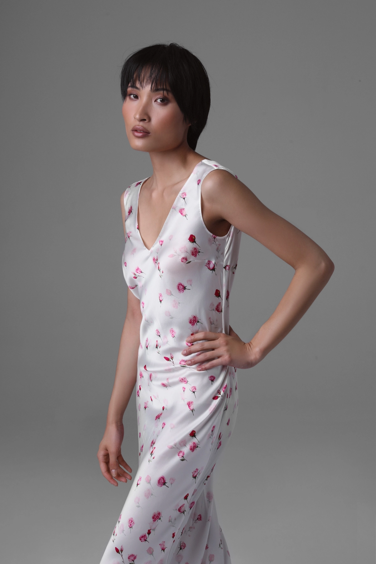 Silk Bias-Cut Midi Dress with Rose Motif | Monika Adamska – Luxury Womenswear