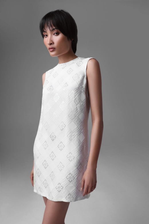 Short Silk Jacquard Dress with Geometric Pattern | Monika Adamska – Luxury Womenswear