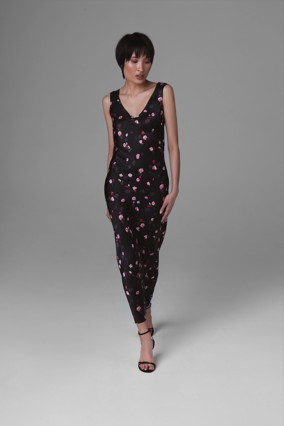 Silk Bias-Cut Midi Dress with Rose Motif | Monika Adamska – Luxury Womenswear