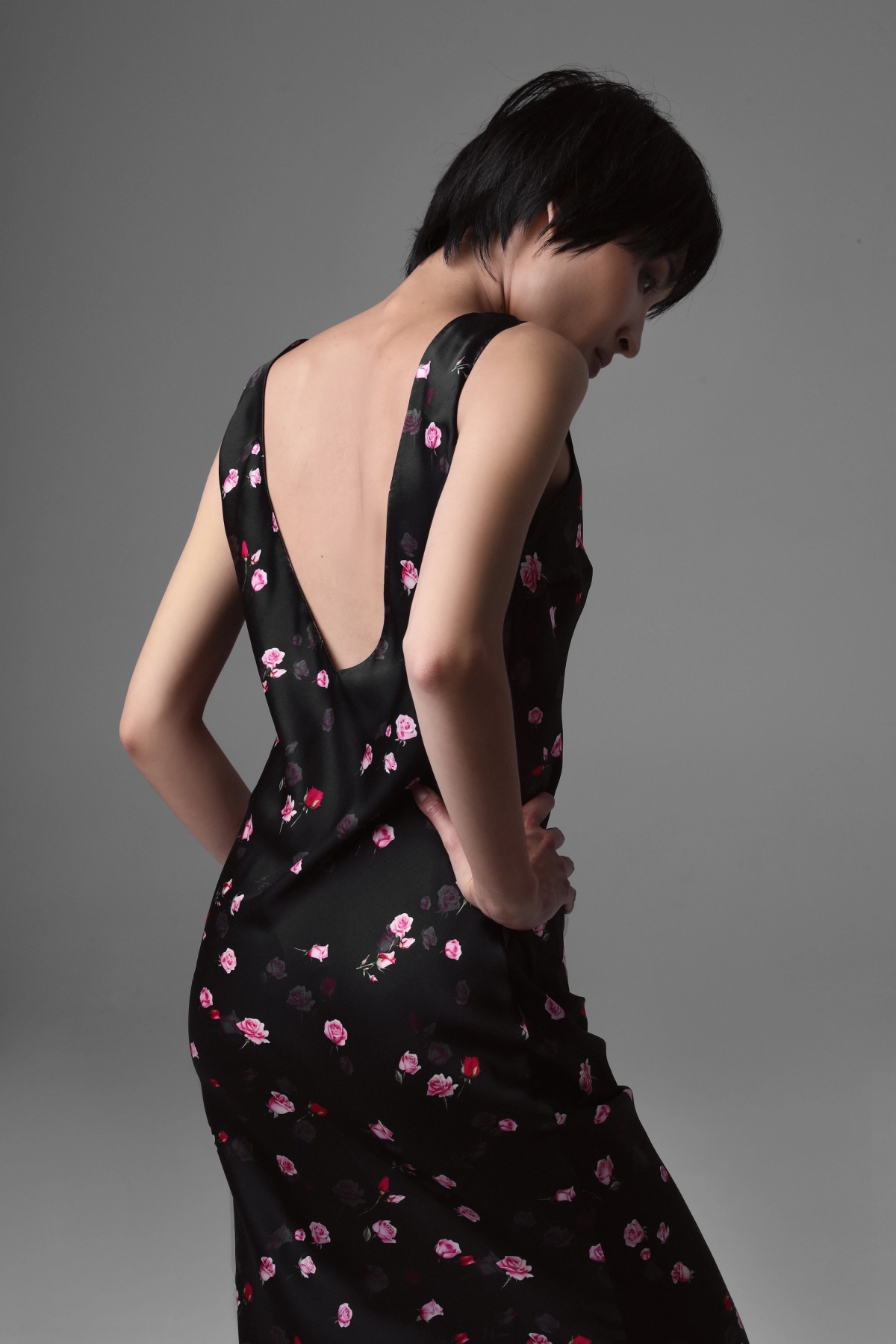 Silk Bias-Cut Midi Dress with Rose Motif | Monika Adamska – Luxury Womenswear