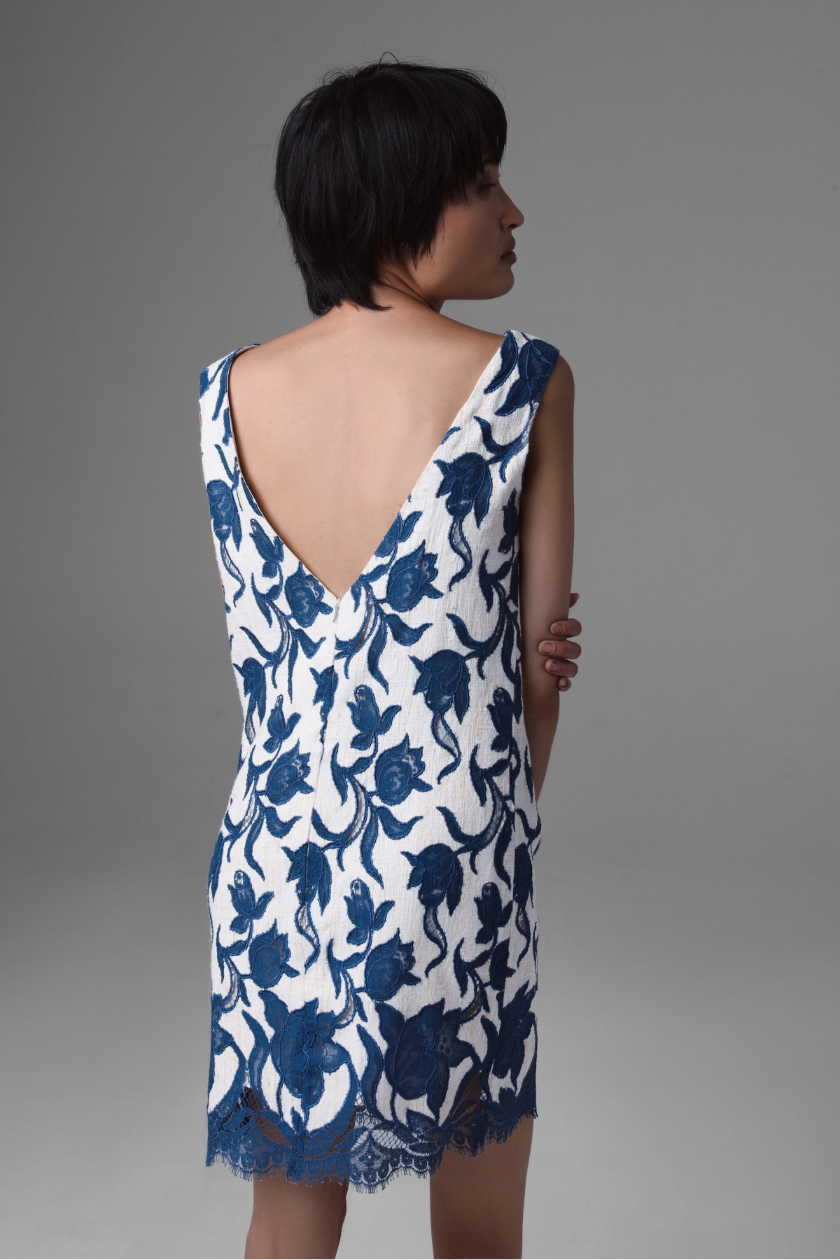 Short Blue Floral Lace Dress | Monika Adamska – Luxury Womenswear