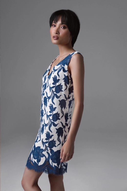 Short Blue Floral Lace Dress | Monika Adamska – Luxury Womenswear