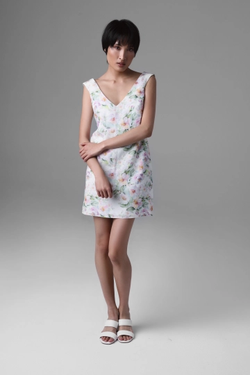 Short Linen Dress with Floral Print | Monika Adamska – Luxury Womenswear