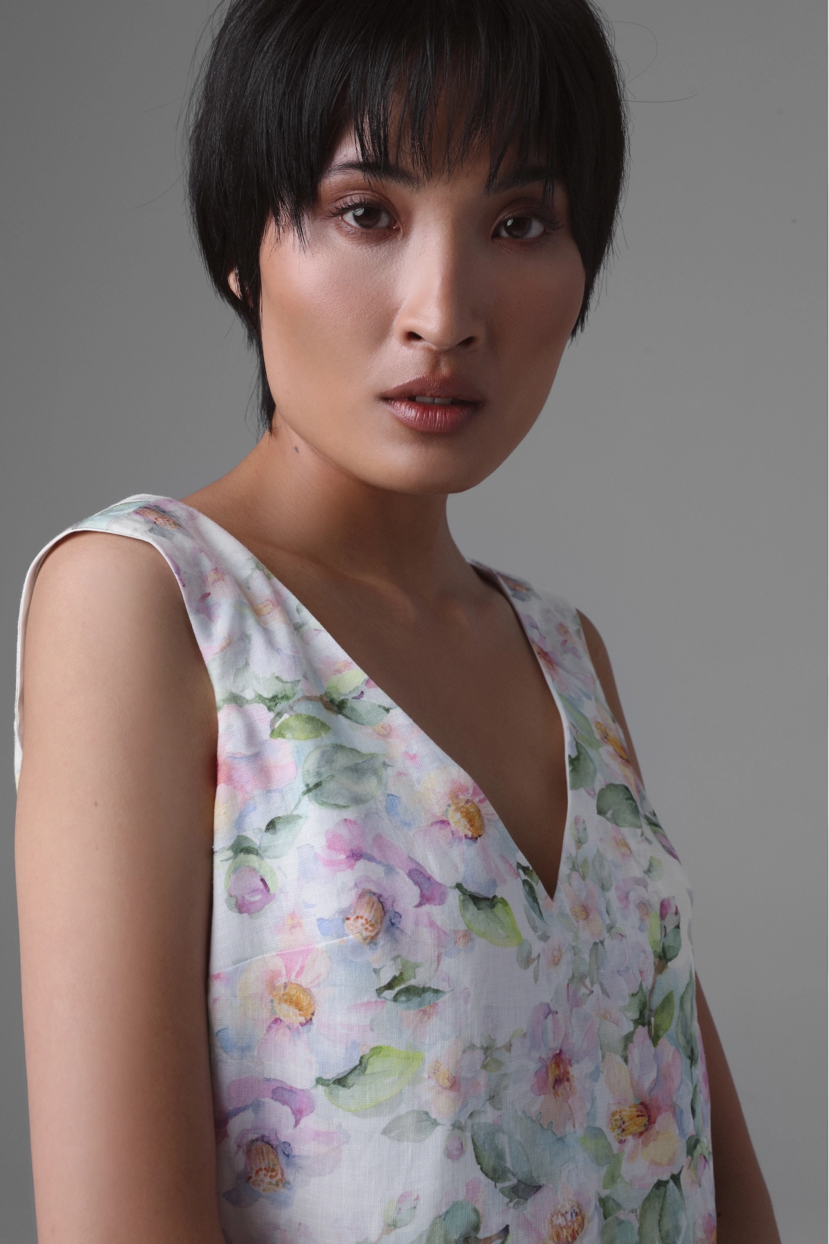 Short Linen Dress with Floral Print | Monika Adamska – Luxury Womenswear