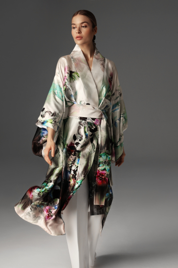 Silk Satin Kimono with Handcrafted Finishes and Floral Motif – Monika Adamska