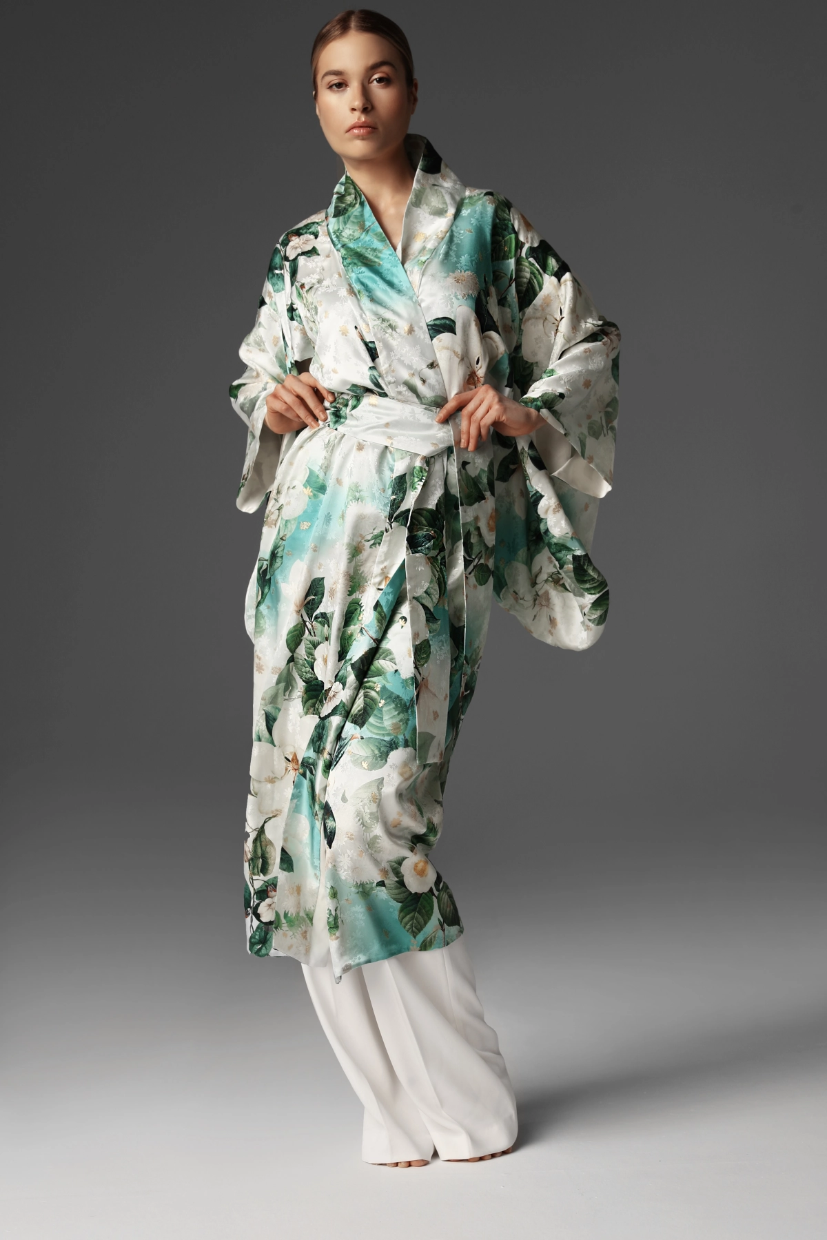 Silk Kimono with Embossed Jacquard Pattern and Floral Print | Monika Adamska – Luxury Womenswear