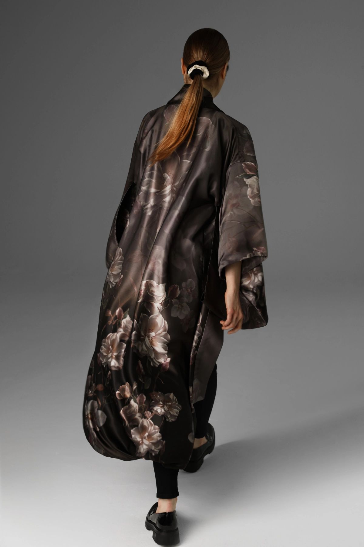 View of the Monika Adamska silk kimono from the back, showing the entire fabric pattern.