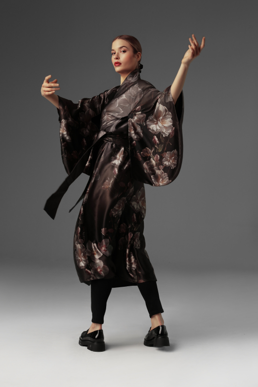 Dark silk kimono with subtle floral patterns