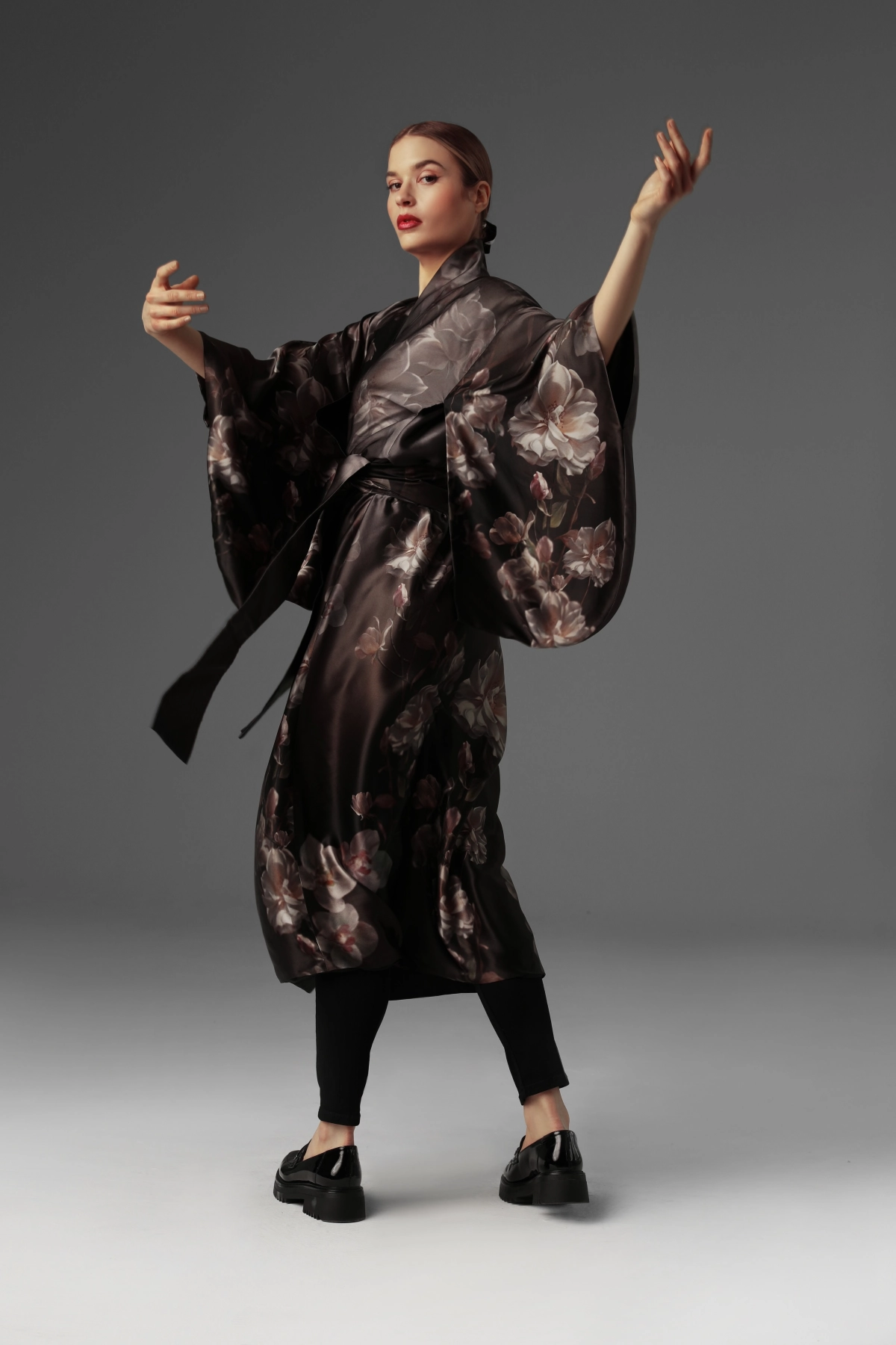 Silk Satin Kimono with Three-Dimensional Floral Pattern | Monika Adamska – Luxury Womenswear