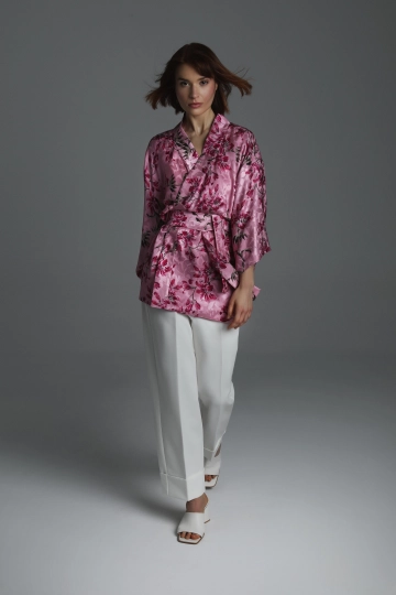 Silk Kimono with Traditional Floral Pattern in Muted Dark Pink | Monika Adamska – Luxury Womenswear