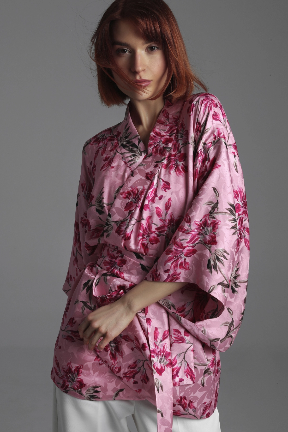 Silk Kimono with Traditional Floral Pattern in Muted Dark Pink | Monika Adamska – Luxury Womenswear Silk Kimono with Traditional Floral Pattern in Muted Dark Pink | Monika Adamska – Luxury Womenswear