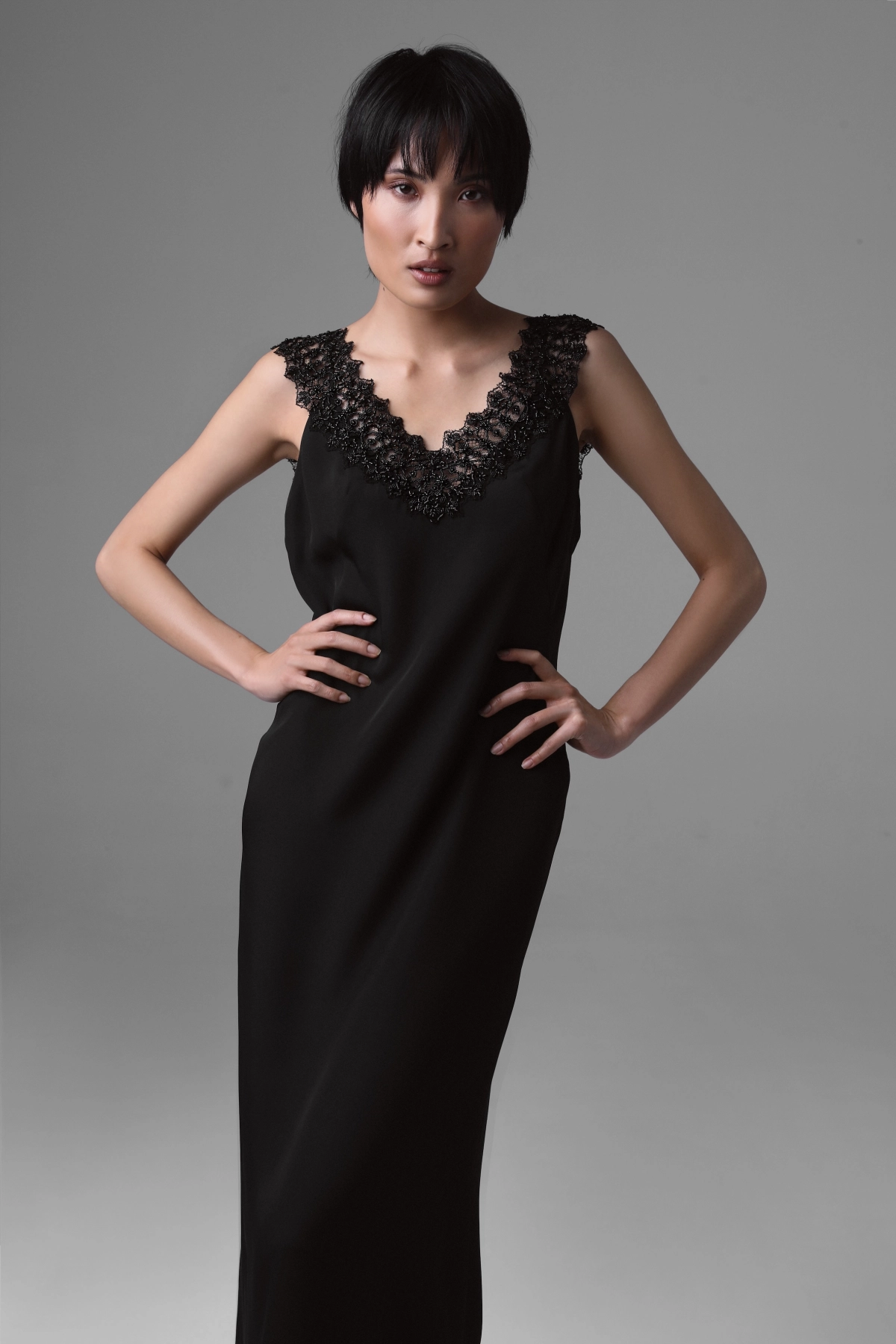 Black Silk Evening Gown with Beaded French Lace | Monika Adamska – Luxury Womenswear