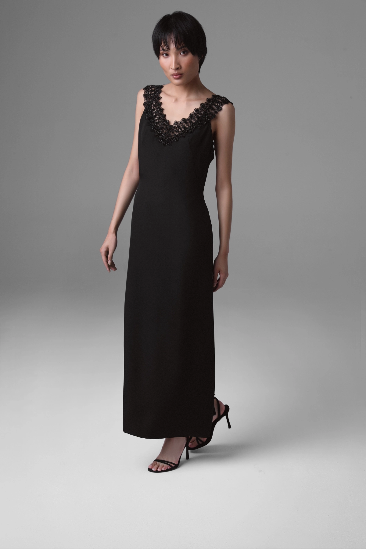 Black Silk Evening Gown with Beaded French Lace | Monika Adamska – Luxury Womenswear