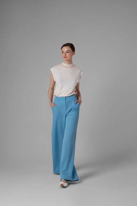 Monika Adamska blue lambswool trousers, wide legs, model front view
