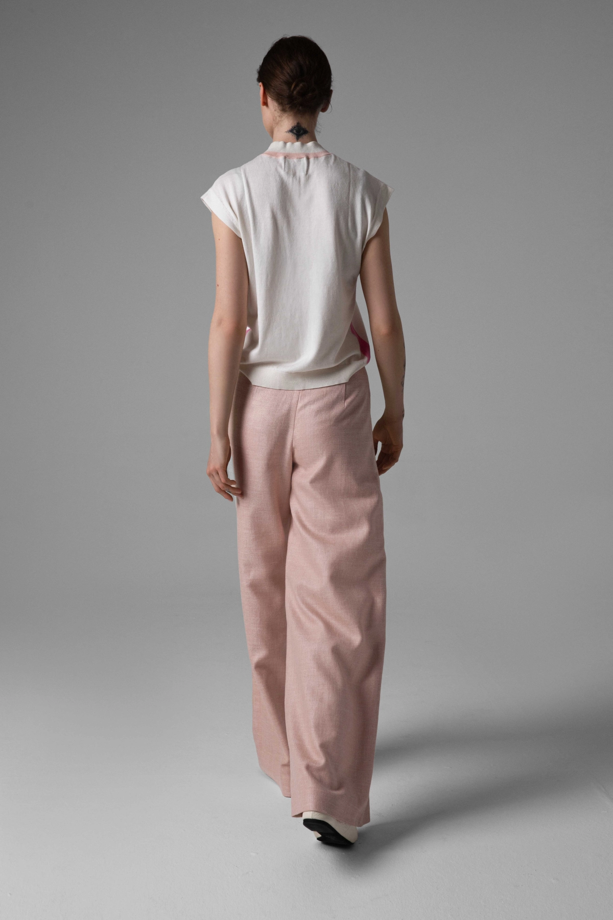 Noble fabric trousers Monika Adamska, wide legs, silk linen wool blend, back view
