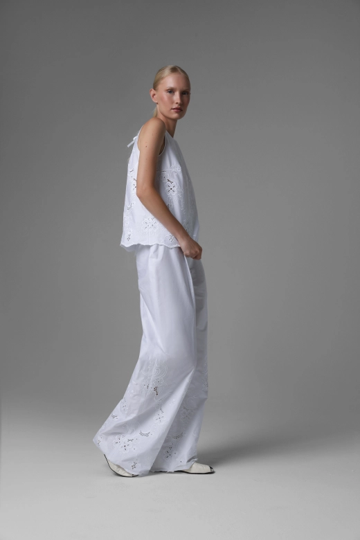 Embroidered cotton trousers Monika Adamska, wide legs, side view
