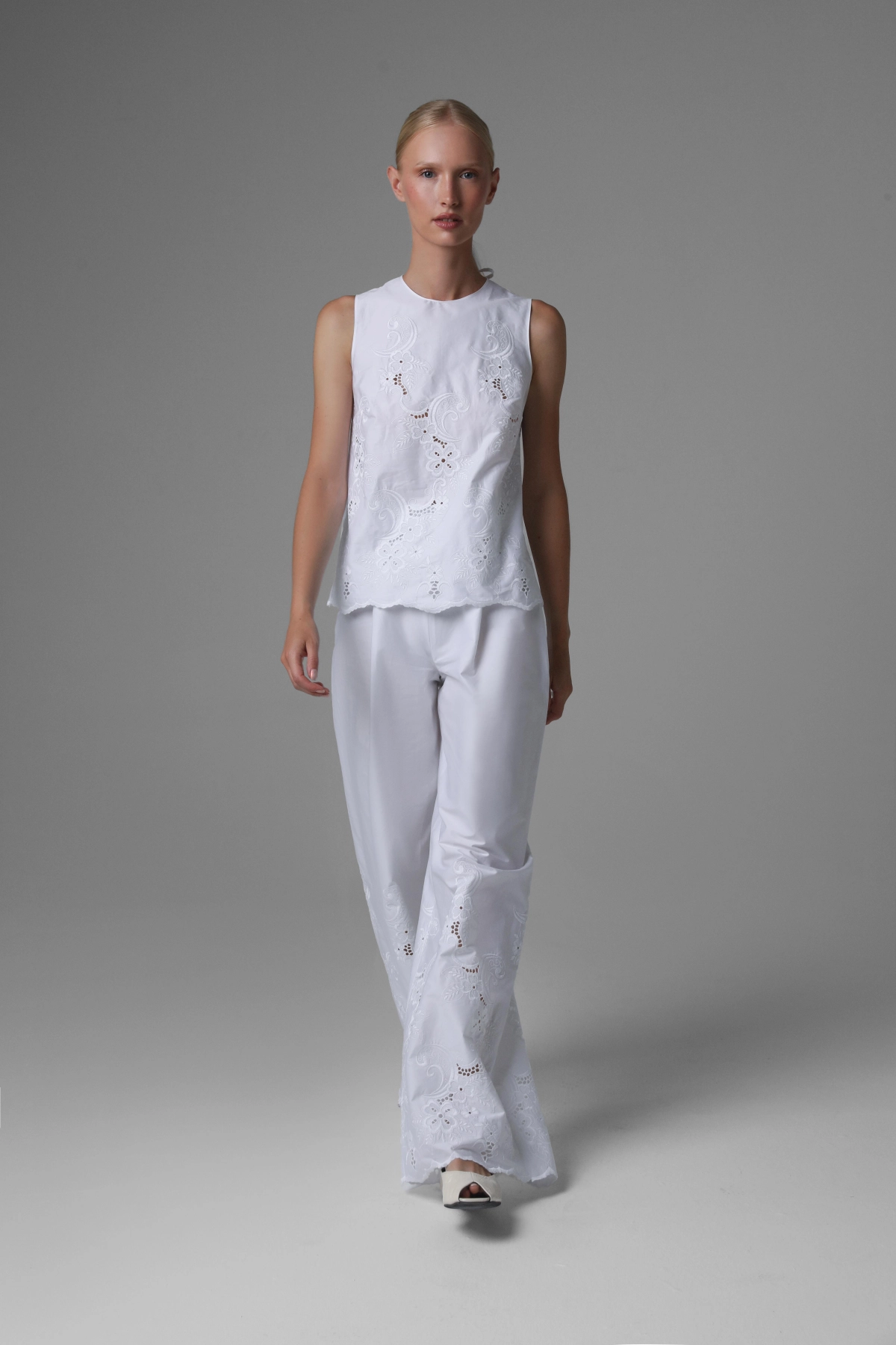 Monika Adamska white embroidered cotton trousers, wide legs, front view