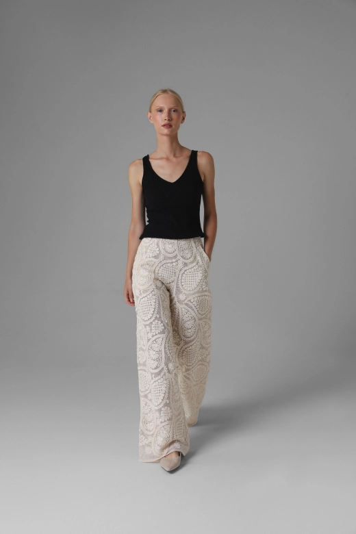 Monika Adamska cotton crochet look trousers, wide legs, front view