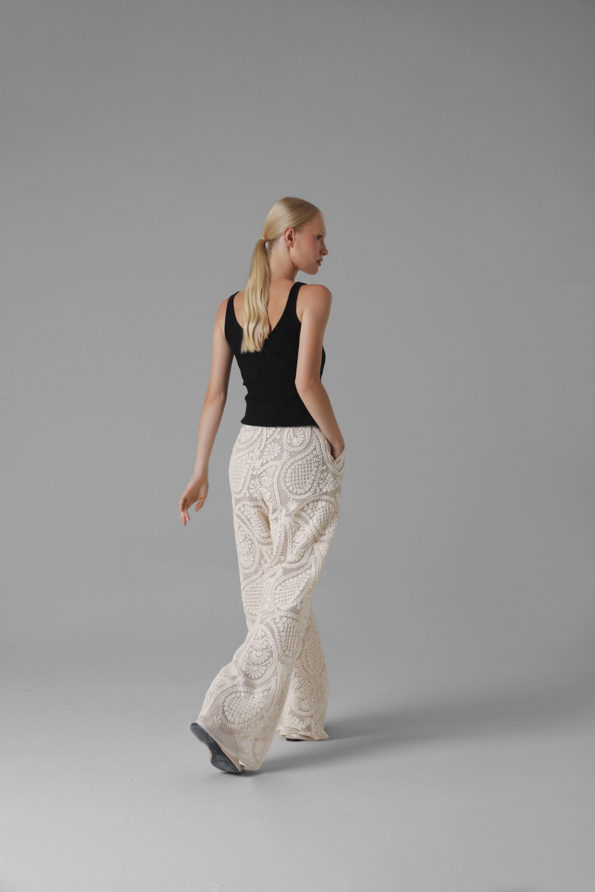 Monika Adamska cotton crochet look trousers, wide legs, back view