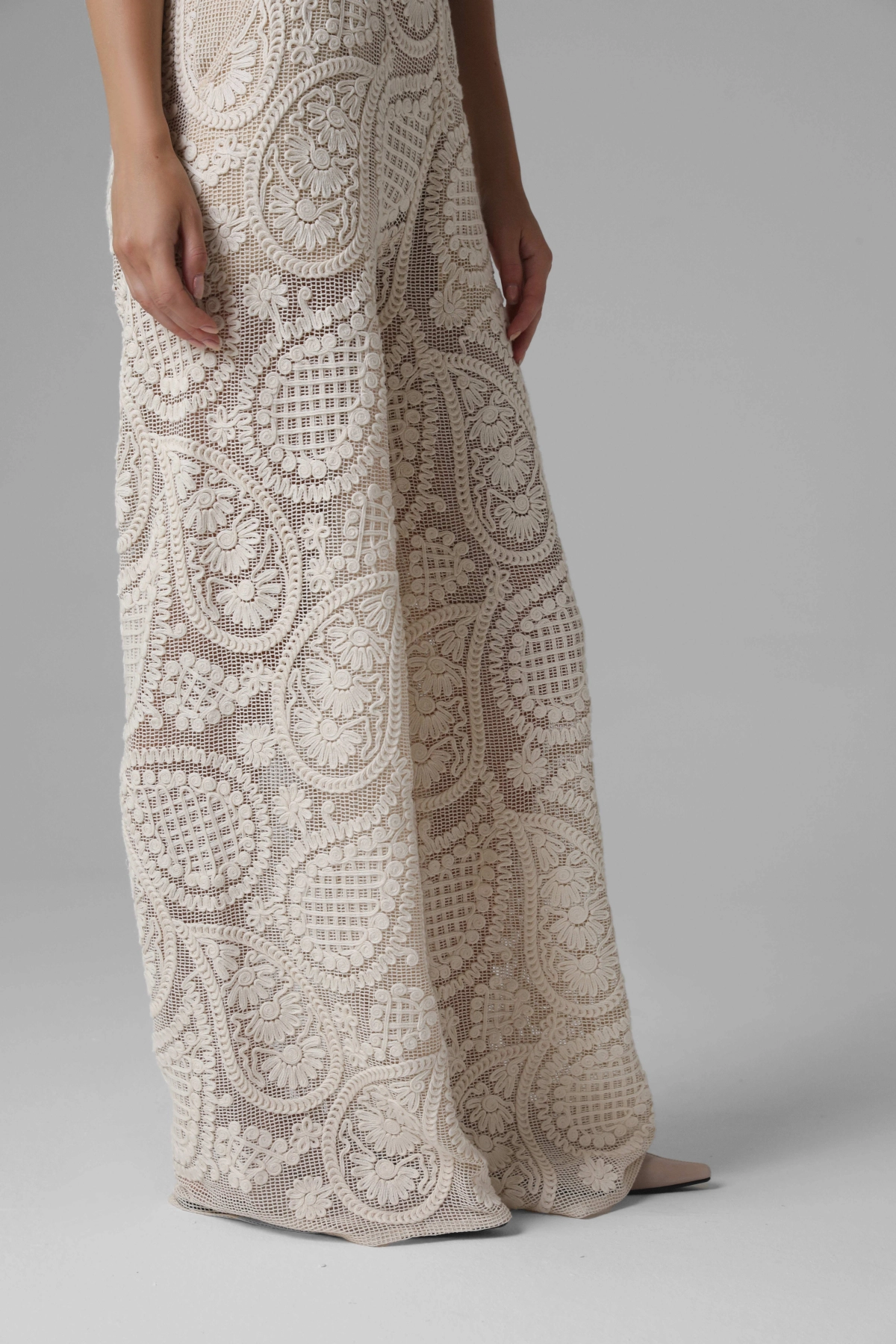 Monika Adamska trousers, crochet look openwork fabric detail, paisley pattern