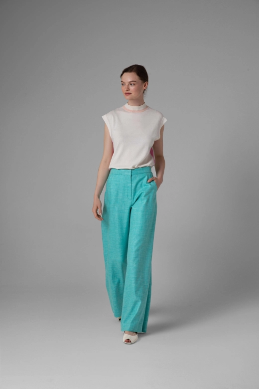 Monika Adamska turquoise trousers, wide legs, noble silk linen wool blend, front view