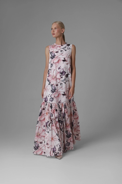 Monika Adamska long cotton dress, floral motif, ruffle, full model view
