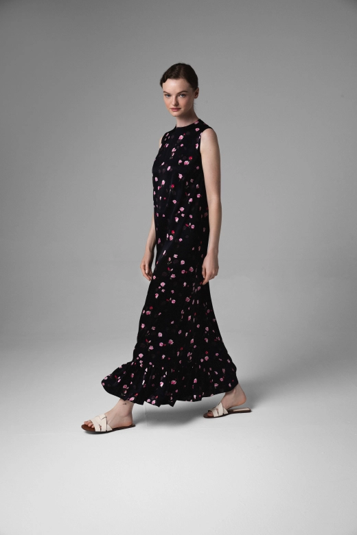 Monika Adamska long silk dress, rose print, airy ruffle, full model view