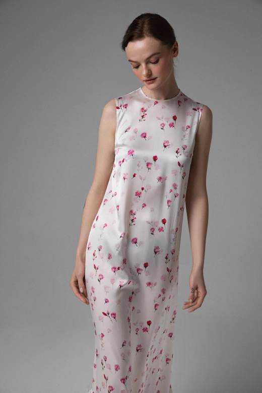 Monika Adamska silk dress, rose detail, upper bodice and ruffle close-up