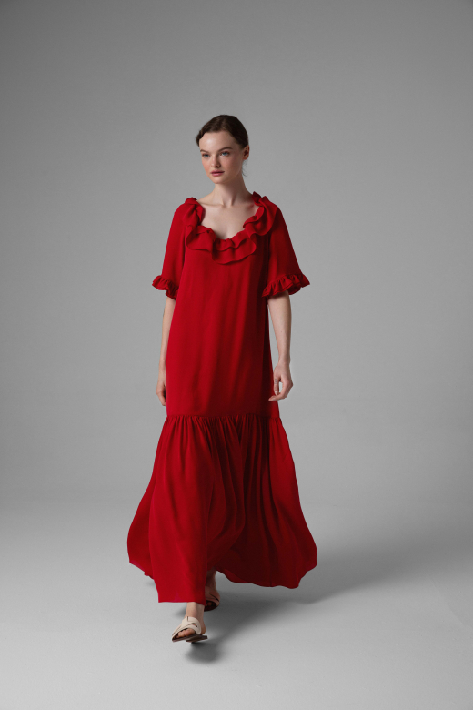 Red silk dress with ruffles