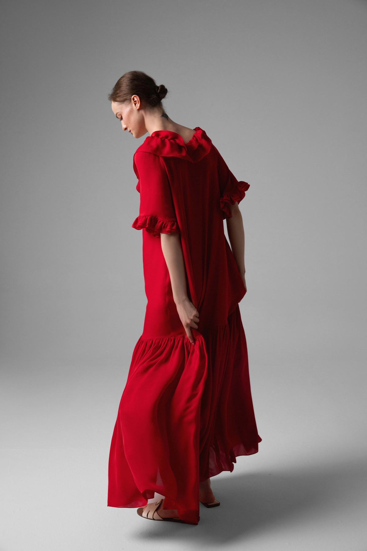 Red silk dress with ruffles | Monika Adamska