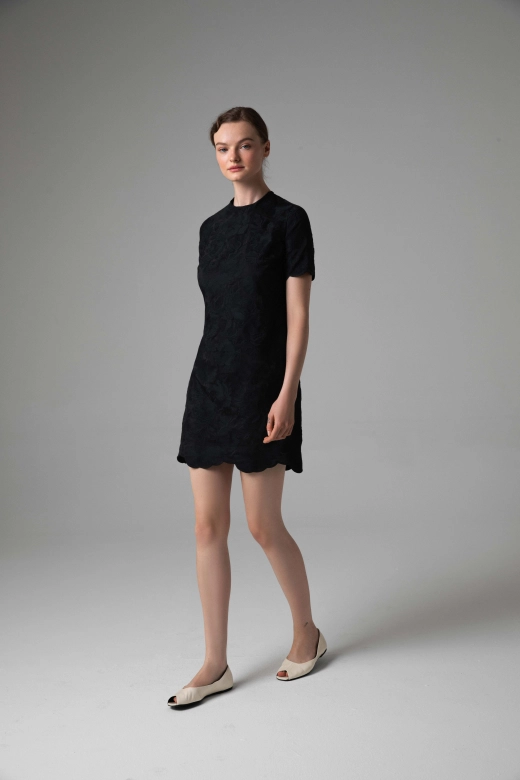 Short black dress with embroidery, full view of model standing