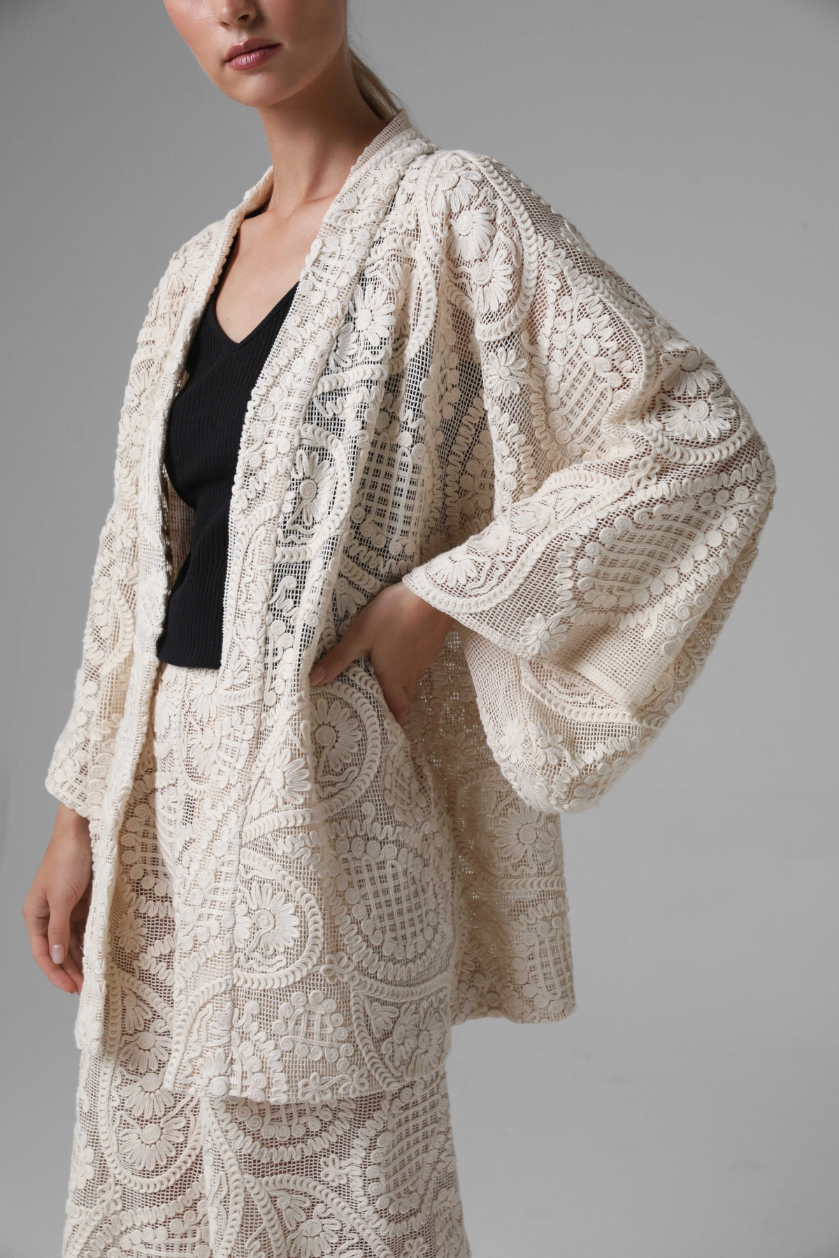 Close-up of crochet look kimono texture, paisley pattern, sleeve detail