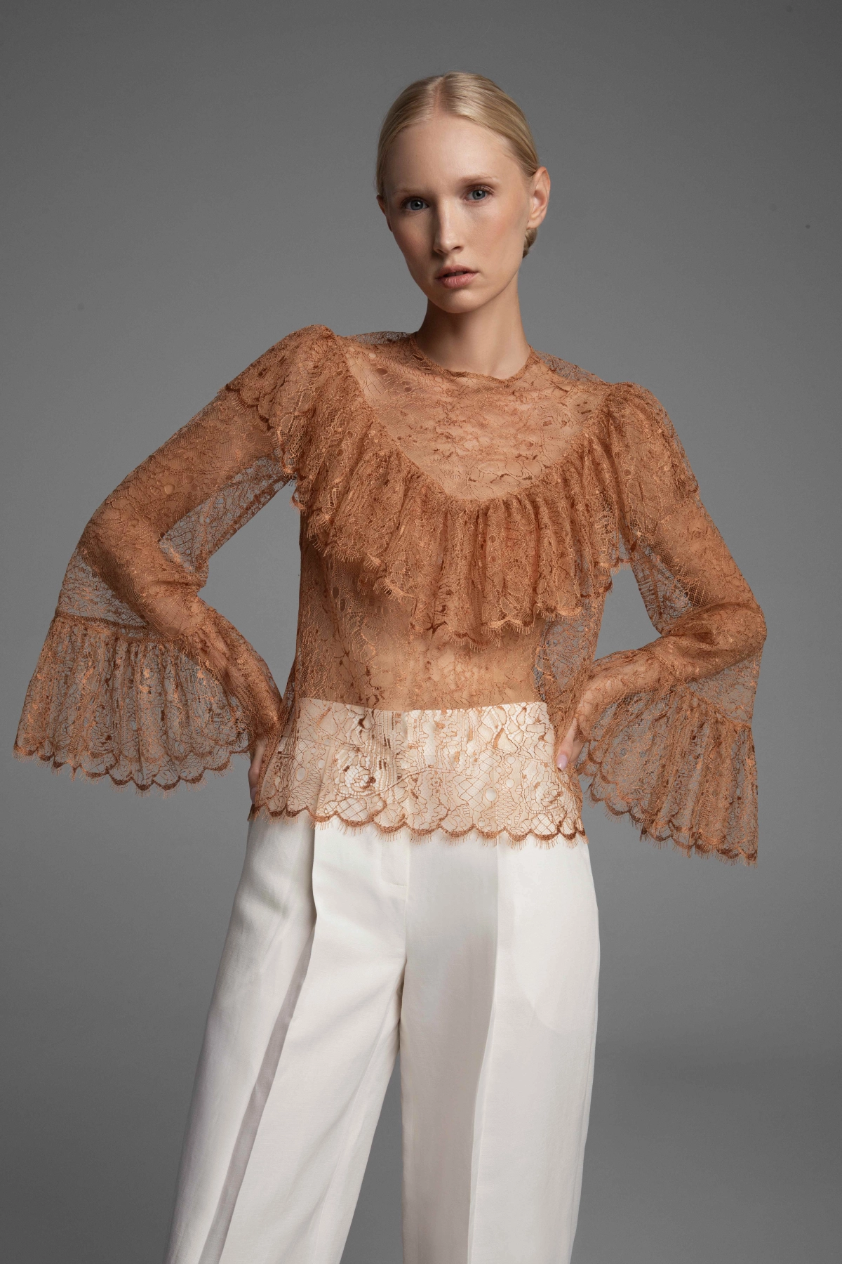 Copper French lace blouse by Monika Adamska featuring a densely gathered Neo-Victorian ruffle.